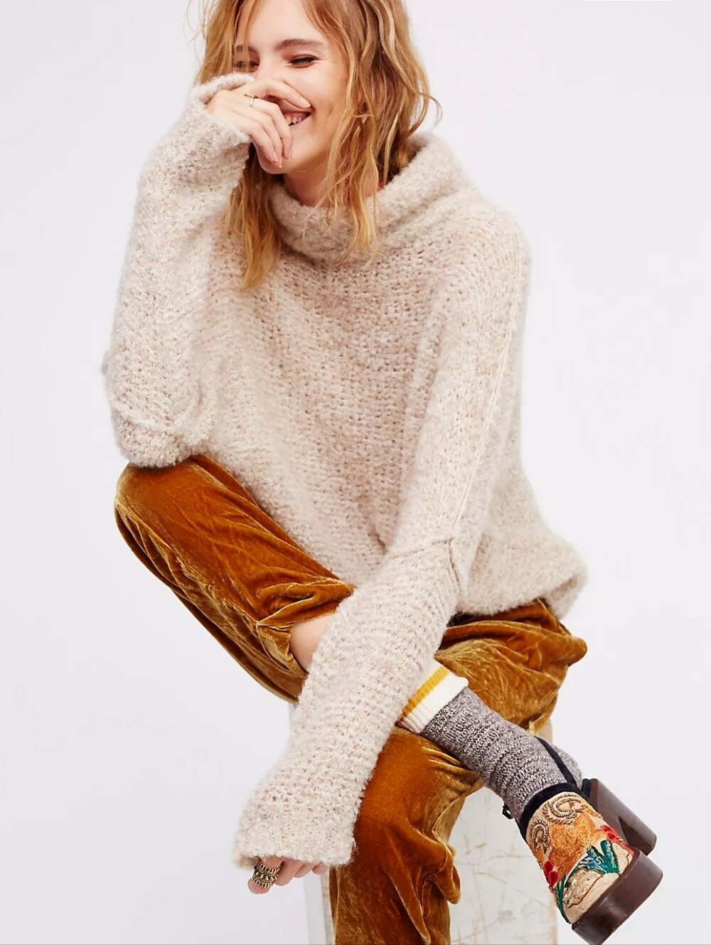Free People In Her Element Alpaca Blend Turtleneck Tunic Sweater Size L
